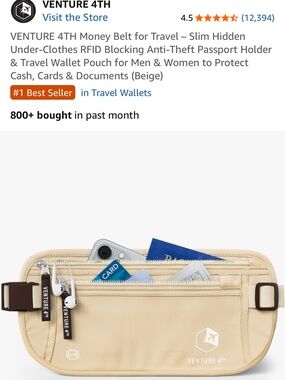 VENTURE 4TH Beige Travel Money Belt - Slim RFID Passport Wallet